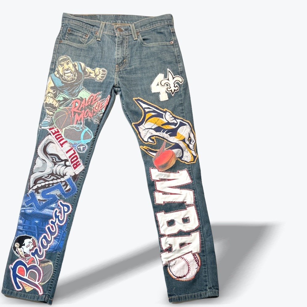 Custom Patchwork Levis 511 Jeans Mens 29x30 Upcycled Sports Blue Denim Slim OOAK